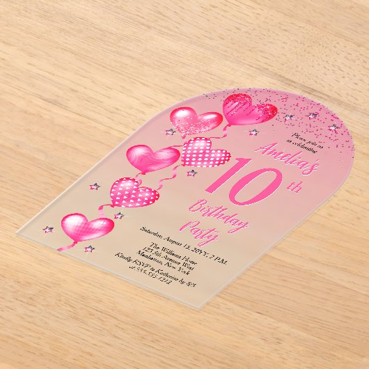 Invitations En Acrylique Élégant Ballons de Coeur Rose 10ème anniversaire (Poser)