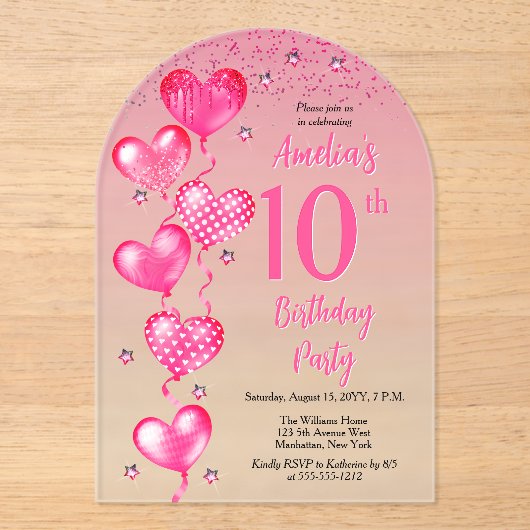 Invitations En Acrylique Élégant Ballons de Coeur Rose 10ème anniversaire (Recto)