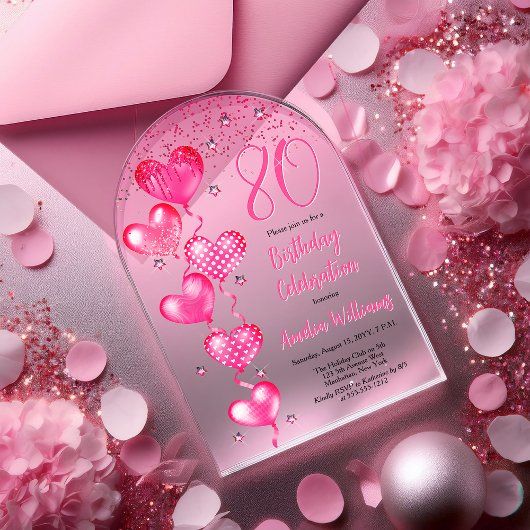 Invitations En Acrylique Élégant Ballons de Coeur Rose 80e fête d'anniversa