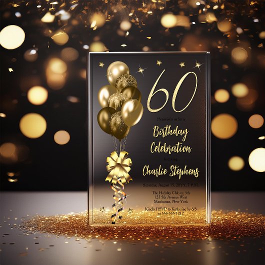 Invitations En Acrylique Elégant Ballons d'or sur Black 60th Birthday Party