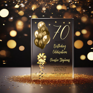 Invitations En Acrylique Elégant Ballons d'or sur Black 70th Birthday Party