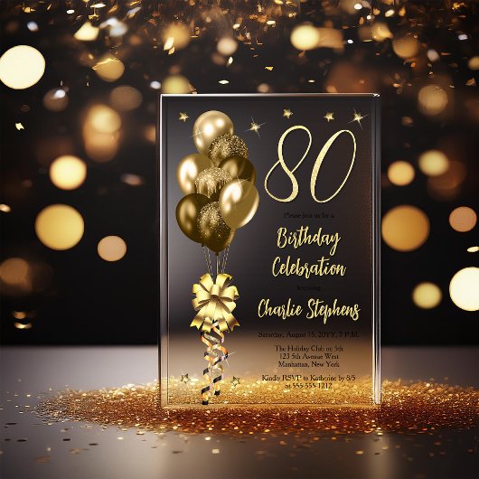 Invitations En Acrylique Elégant Ballons d'or sur Black 80th Birthday Party