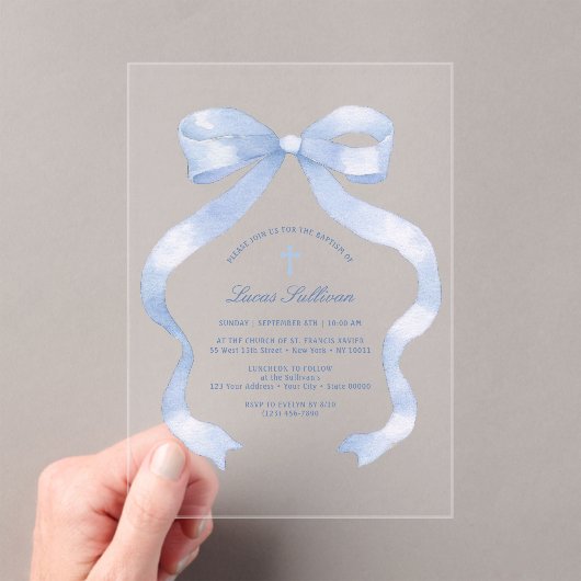 Invitations En Acrylique Élégant Baptême Bleu Bow (In situ (ordinateur de poche))