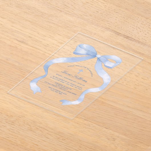 Invitations En Acrylique Élégant Baptême Bleu Bow (Poser)