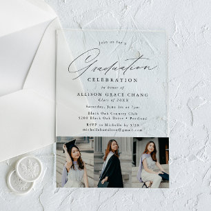Invitations En Acrylique Élégant Black Script 3 Photo Graduation Party