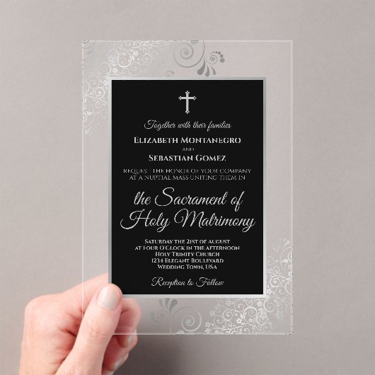 Invitations En Acrylique Elegant Black & Silver Ornate Catholic Wedding (In situ (ordinateur de poche))