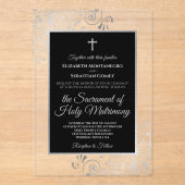 Invitations En Acrylique Elegant Black & Silver Ornate Catholic Wedding (Recto)
