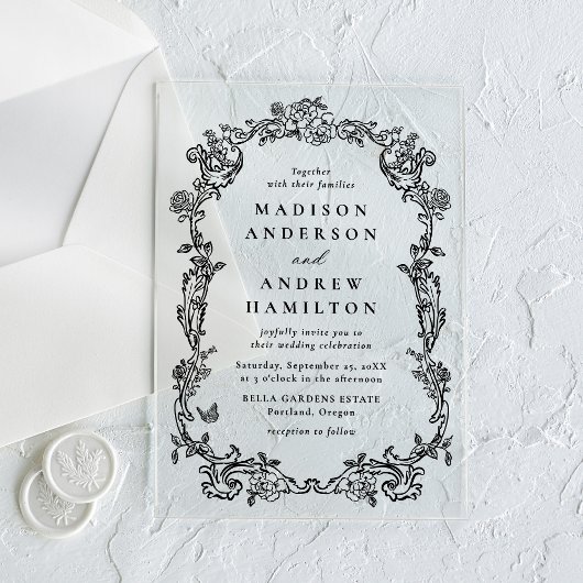 Invitations En Acrylique Elegant Black Victorian Floral Frame Wedding