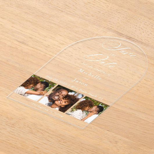 Invitations En Acrylique Elégant blanc 3 Photo Bande mariage Enregistrer la (Poser)