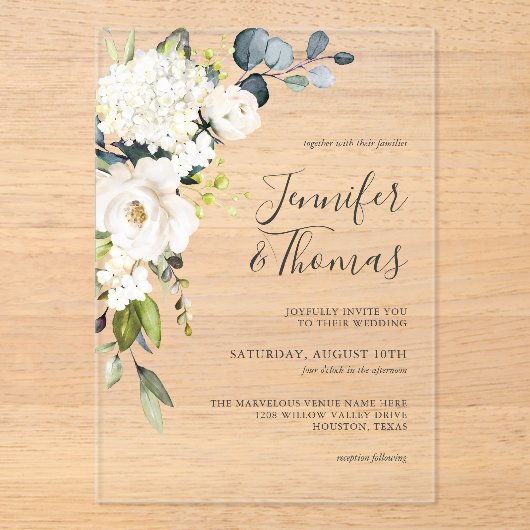 Invitations En Acrylique Elégant blanc aquarelle Floral Hydrangeas Mariage (Recto)