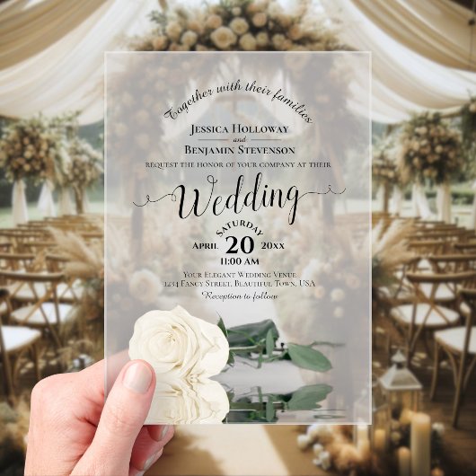Invitations En Acrylique Élégant blanc ivoire Rose Lacy Mariage de calligra