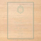 Invitations En Acrylique Élégant blanc & Sage Green Crest Mariage Monogramm (Recto)