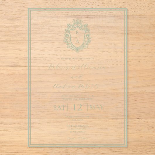 Invitations En Acrylique Élégant blanc & Sage Green Crest Mariage Monogramm (Recto)