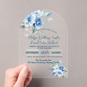 Invitations En Acrylique Elégant bleu aquarelle Botanique Floral Mariage