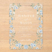 Invitations En Acrylique Élégant bleu blanc fleuri couronne Mariage bohème (Recto)