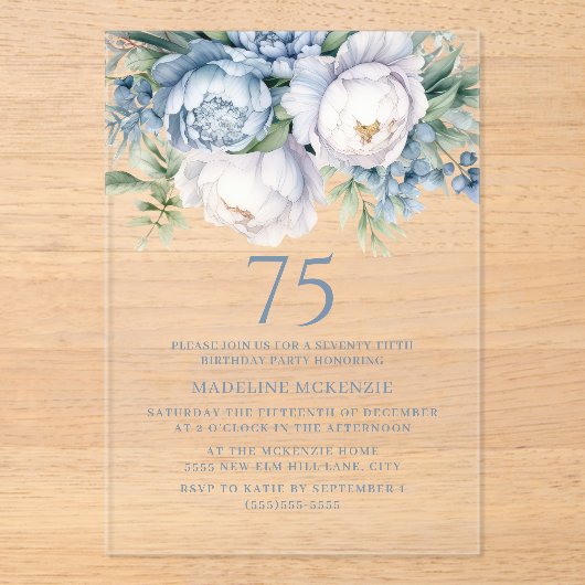Invitations En Acrylique Elégant bleu bleu bleu blanc floral 75e anniversai (Recto)