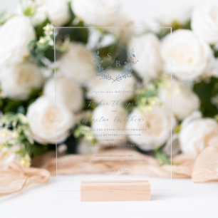 Invitations En Acrylique Elégant bleu bleu floral Crest Mariage