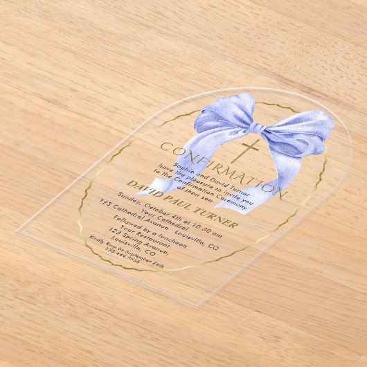 Invitations En Acrylique Elégant Bleu Bow Gold Boy Confirmation Transparent (Poser)
