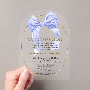 Invitations En Acrylique Elégant Bleu Bow Gold Boy Confirmation Transparent