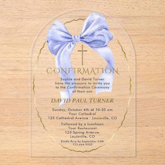 Invitations En Acrylique Elégant Bleu Bow Gold Boy Confirmation Transparent (Recto)