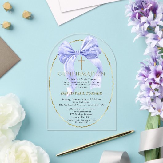 Invitations En Acrylique Elégant Bleu Bow Gold Boy Confirmation Transparent (Insitu (Mariage))