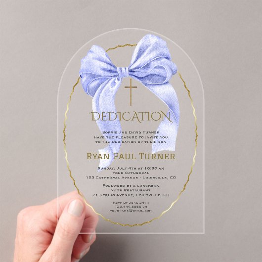 Invitations En Acrylique Élégant Bleu Bow Or Dedication Garçon transparent (In situ (ordinateur de poche))