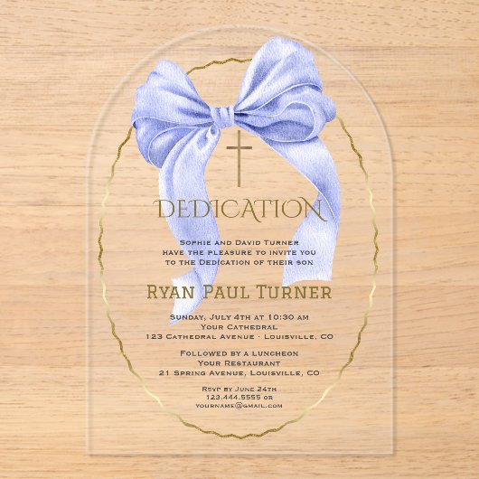 Invitations En Acrylique Élégant Bleu Bow Or Dedication Garçon transparent (Recto)