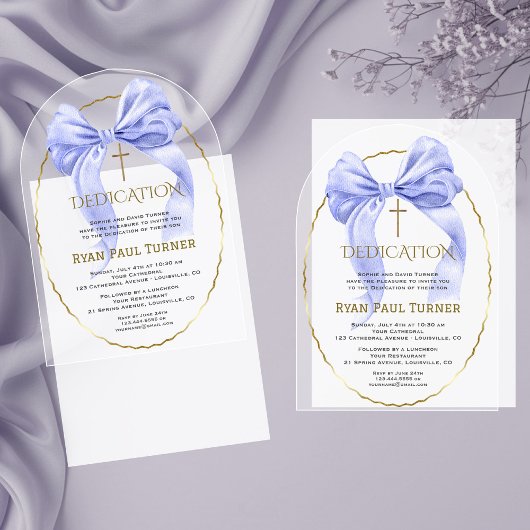 Invitations En Acrylique Élégant Bleu Bow Or Dedication Garçon transparent