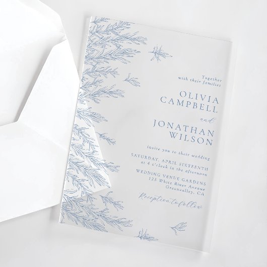 Invitations En Acrylique Elégant bleu doux Feuille Mariage botanique