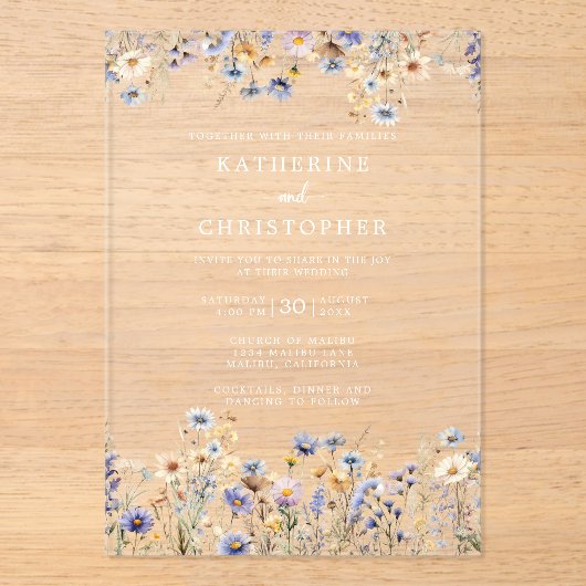 Invitations En Acrylique Elégant bleu Dusty Fleur sauvage Mariage clair (Recto)