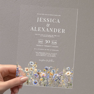 Invitations En Acrylique Elégant bleu Dusty Fleur sauvage Mariage clair