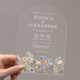 Invitations En Acrylique Elégant bleu Dusty Fleur sauvage Mariage Clear Arc