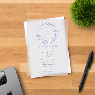Invitations En Acrylique Élégant bleu Floral Laurel Wreath Monogramme Maria