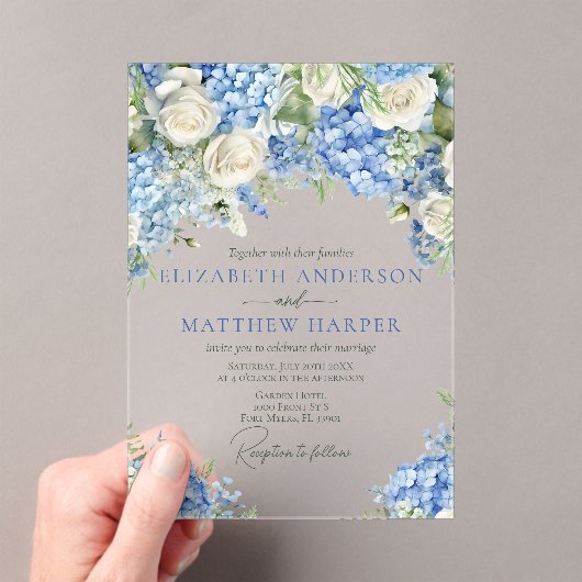 Invitations En Acrylique Elégant bleu Hydrangea Roses blanches Mariage flor (In situ (ordinateur de poche))