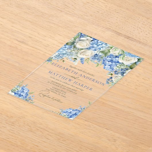 Invitations En Acrylique Elégant bleu Hydrangea Roses blanches Mariage flor (Poser)