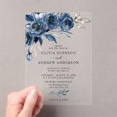 Invitations En Acrylique Elégant bleu marine Aquarelle argent Mariage flora (In situ (ordinateur de poche))