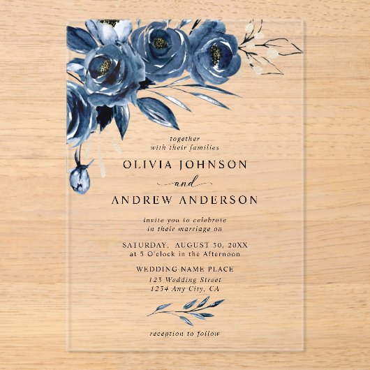 Invitations En Acrylique Elégant bleu marine Aquarelle argent Mariage flora (Recto)