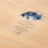 Invitations En Acrylique Elégant bleu marine Aquarelle argent Mariage flora (Poser)