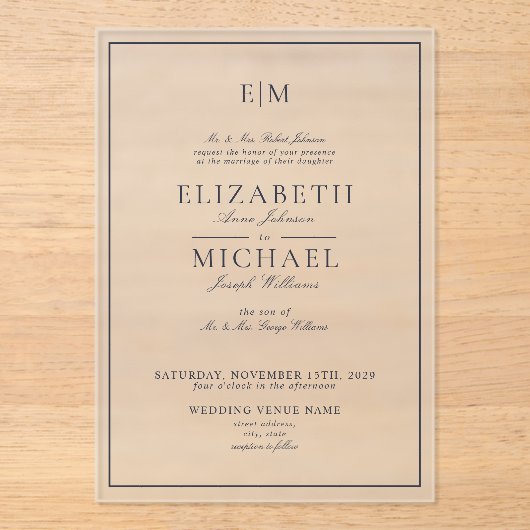 Invitations En Acrylique Élégant bleu marine classique Script Monogramme Ma (Recto)