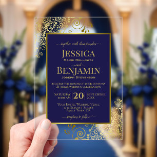 Invitations En Acrylique Élégant Bleu Nuit et Or Mariage Luxueux Texte Élég