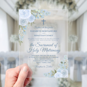 Invitations En Acrylique Élégant Bleu Poussiéreux Floral Mariage Catholique