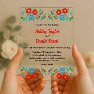 Invitations En Acrylique Elégant bleu rouge Roses Botanique Floral Mariage