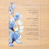 Invitations En Acrylique Élégant bleu transparent Mariage floral (Recto)