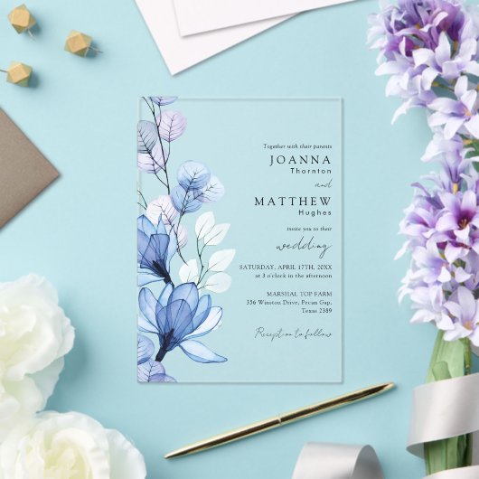 Invitations En Acrylique Élégant bleu transparent Mariage floral (Insitu (Mariage))