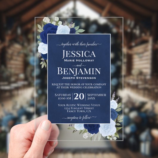 Invitations En Acrylique Elegant Blue Boho Chic Roses Stylish Text Wedding
