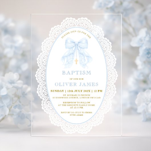 Invitations En Acrylique Elegant Blue Bow & Cross Boy Baptism