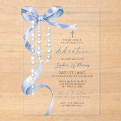 Invitations En Acrylique Elegant Blue Bow & Rosary Dedication (Recto)