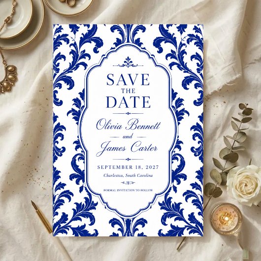 Invitations En Acrylique Elegant Blue Damask 