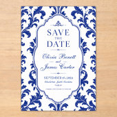 Invitations En Acrylique Elegant Blue Damask  (Recto)