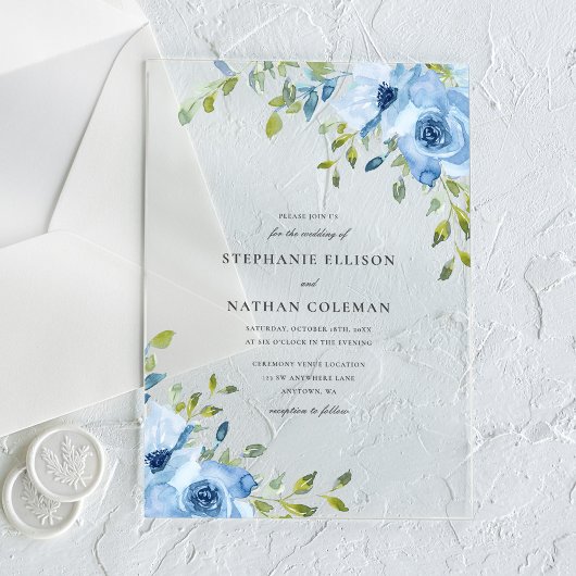 Invitations En Acrylique Elegant Blue Floral Greenery Wedding